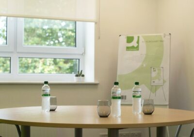 4 person meeting room with water glasses on the table